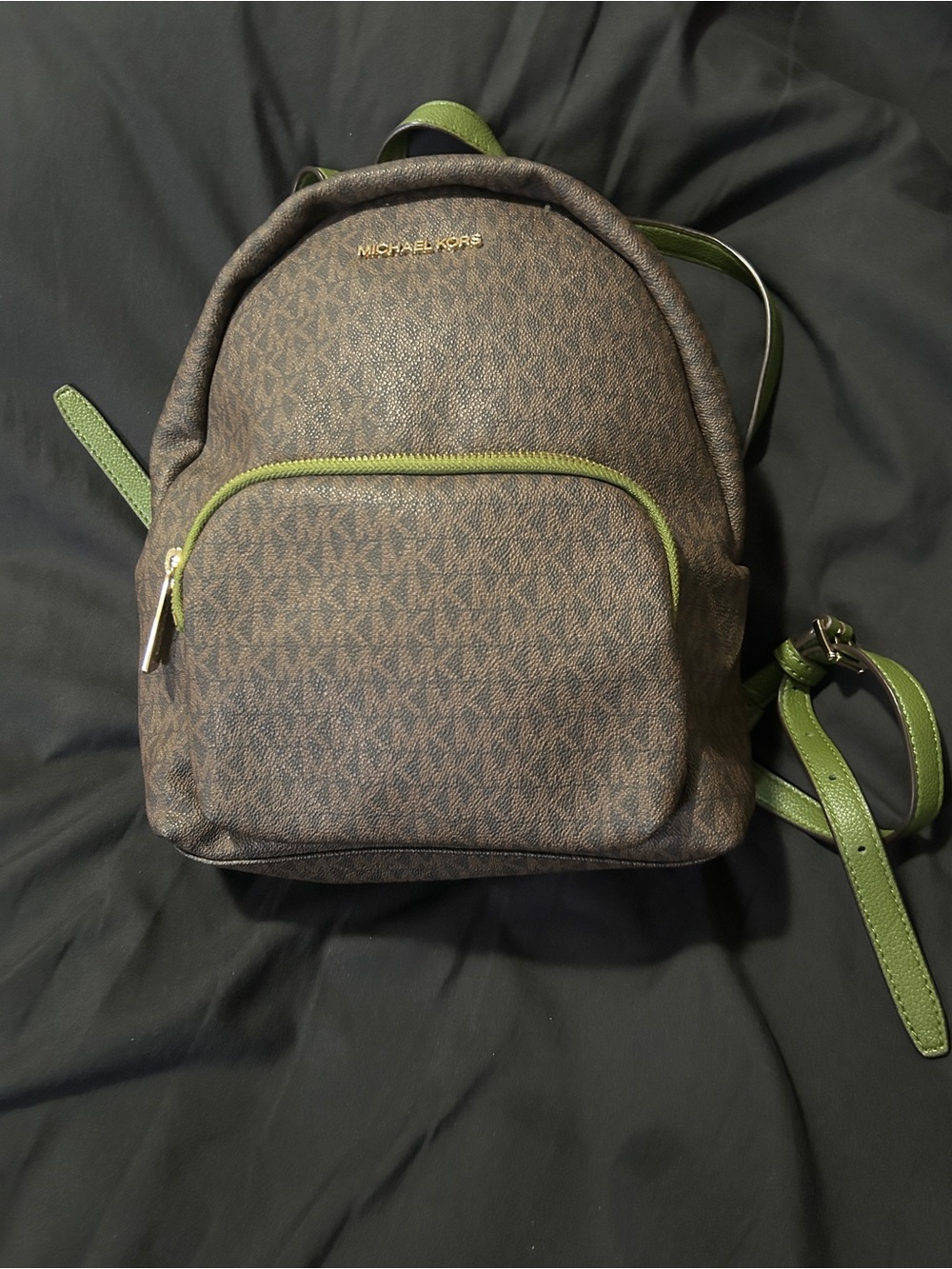 Michael Kors Brown MK Logo Mini Backpack with Green Trim